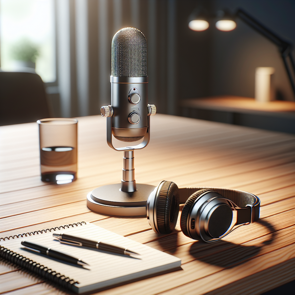 A microphone and headphones on a desk, symbolizing podcasting.