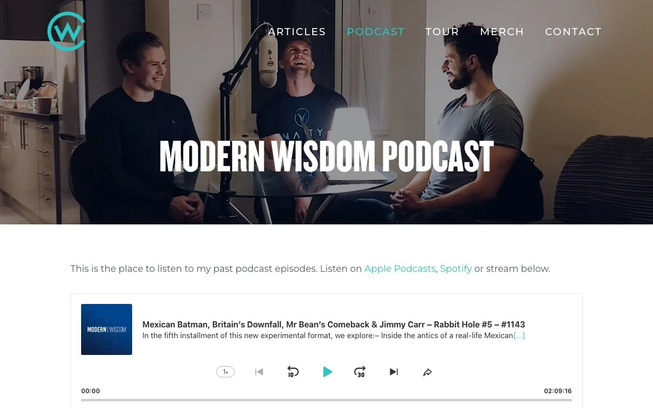 Screenshot of the Modern Wisdom podcast page on Chris Williamson's website
