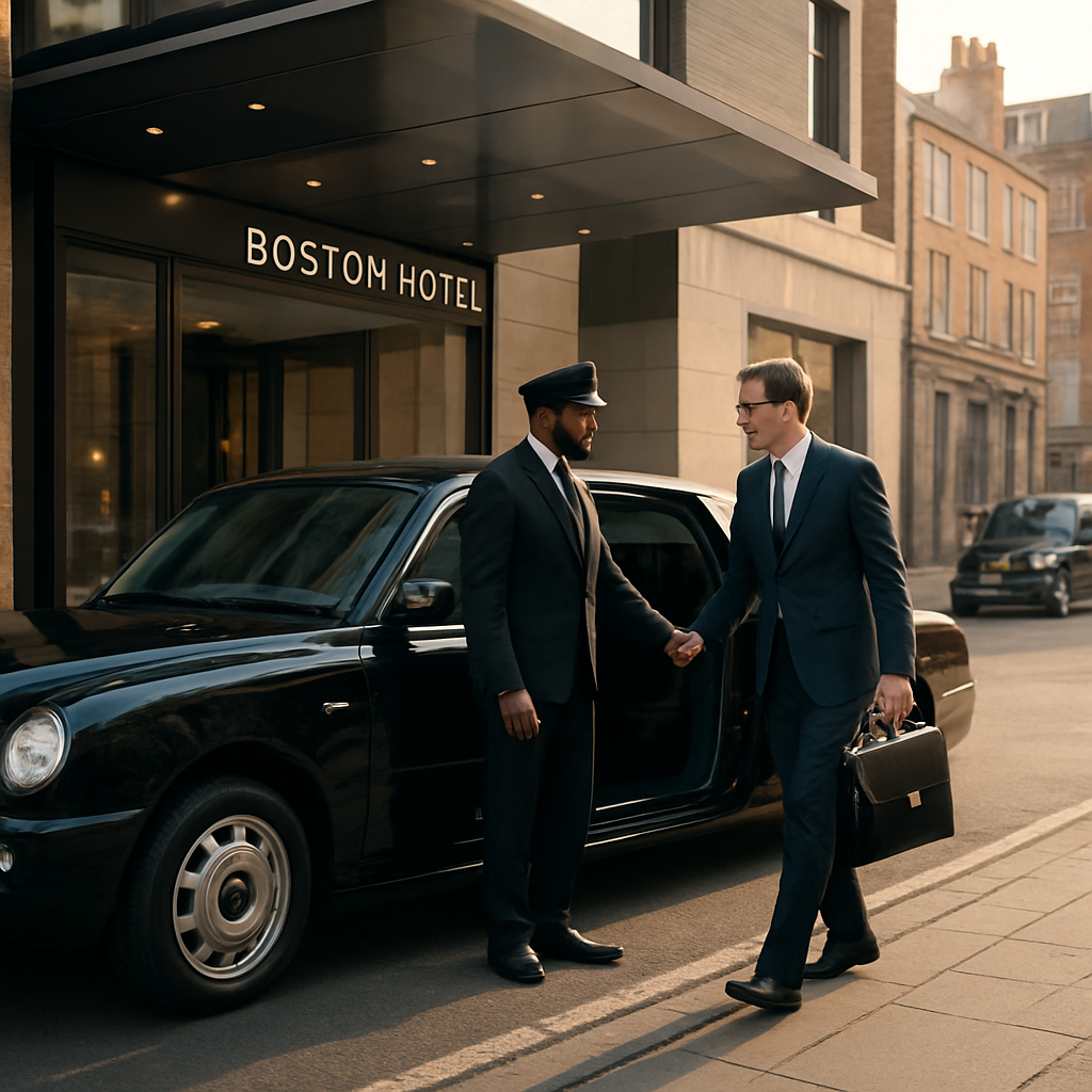 Professional chauffeur opening the door of a luxury black limousine for a business executive at a Boston hotel, providing premium point to point transportation.