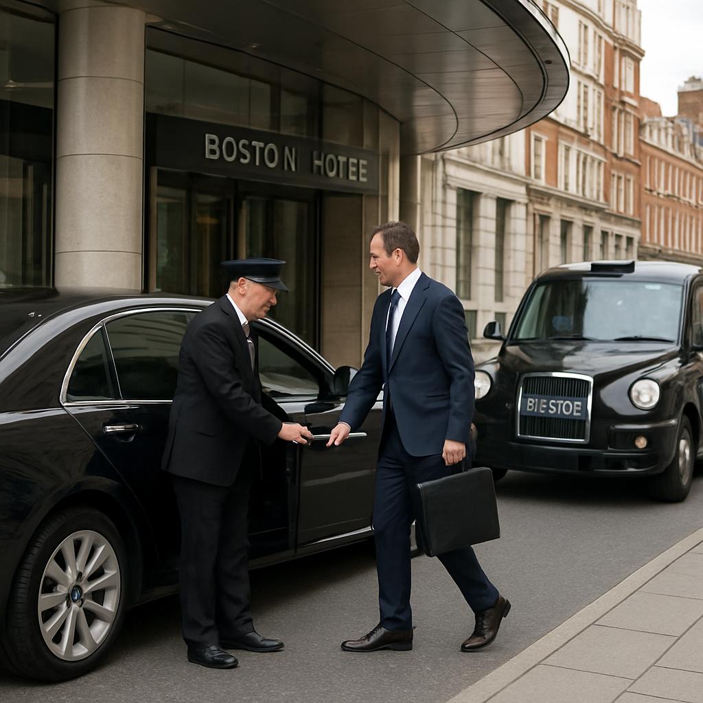 A professional chauffeur from Mak Louren opening a luxury car door for an executive in Boston, illustrating premium Point to Point Transportation and limousine service.