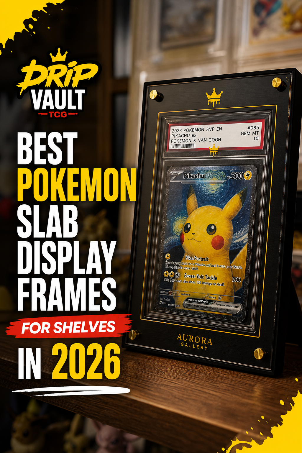 A realistic close-up of a Pokemon slab frame on a wooden shelf, with a graded card inside showing extended art around the slab, soft natural lighting, background blurred with other collectibles. Alt: Aurora Gallery extended art slab display case on shelf with graded Pokemon card.