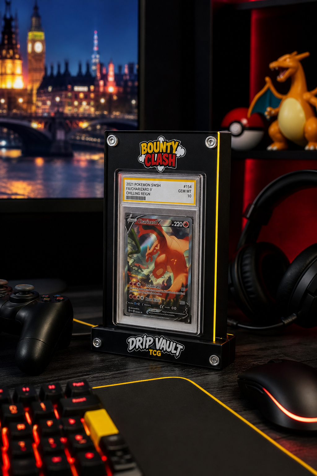A dynamic scene of a Bounty Clash slab display case on a gaming desk, with a graded Pokemon card inside, surrounded by controllers and a monitor, neon lights in background. Alt: Bounty Clash themed slab display frame on gaming shelf.