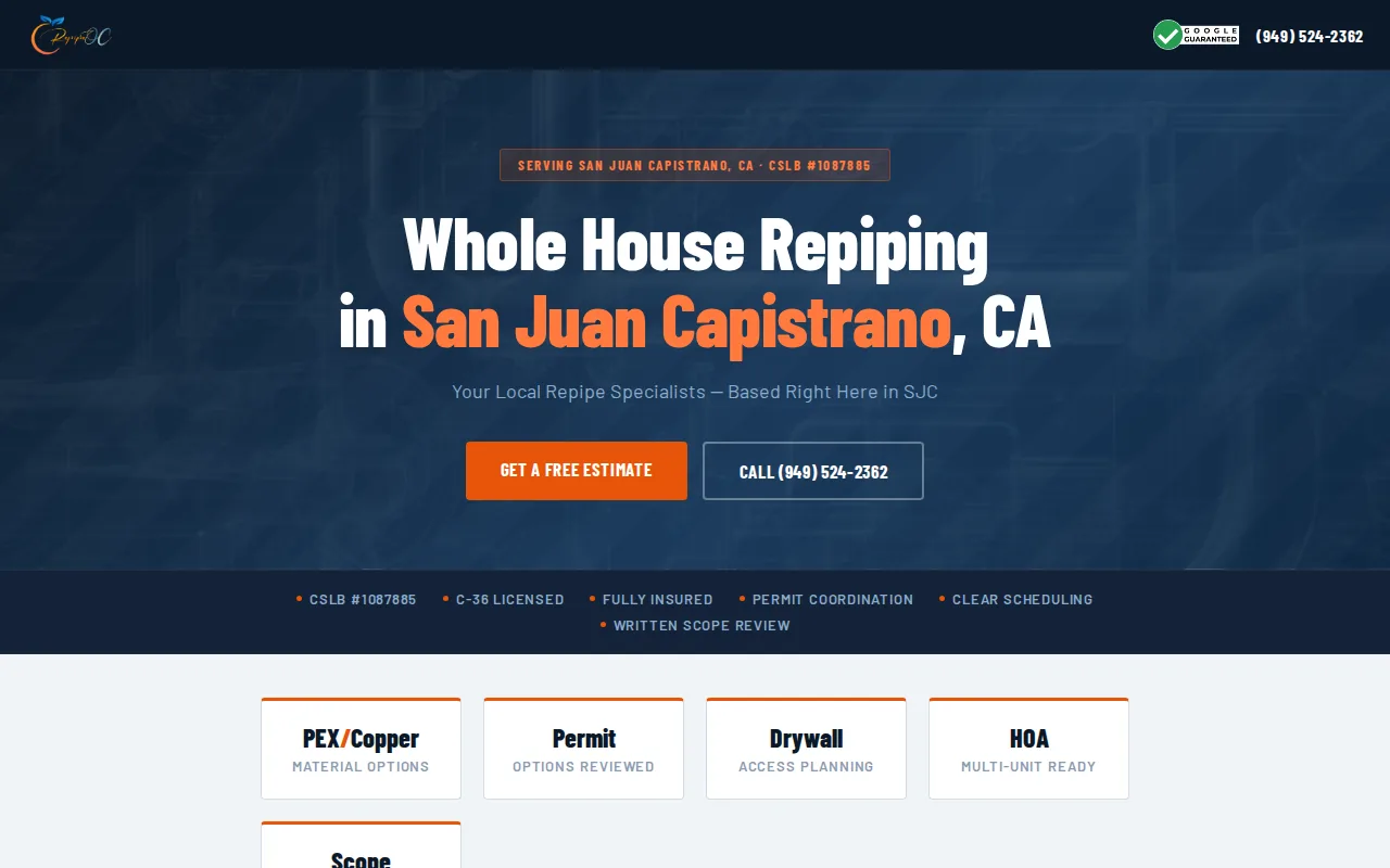 Repipe OC: visual reference for 1. Repipe OC (Our Top Pick) , Full‑service repipe with 25‑year warranty