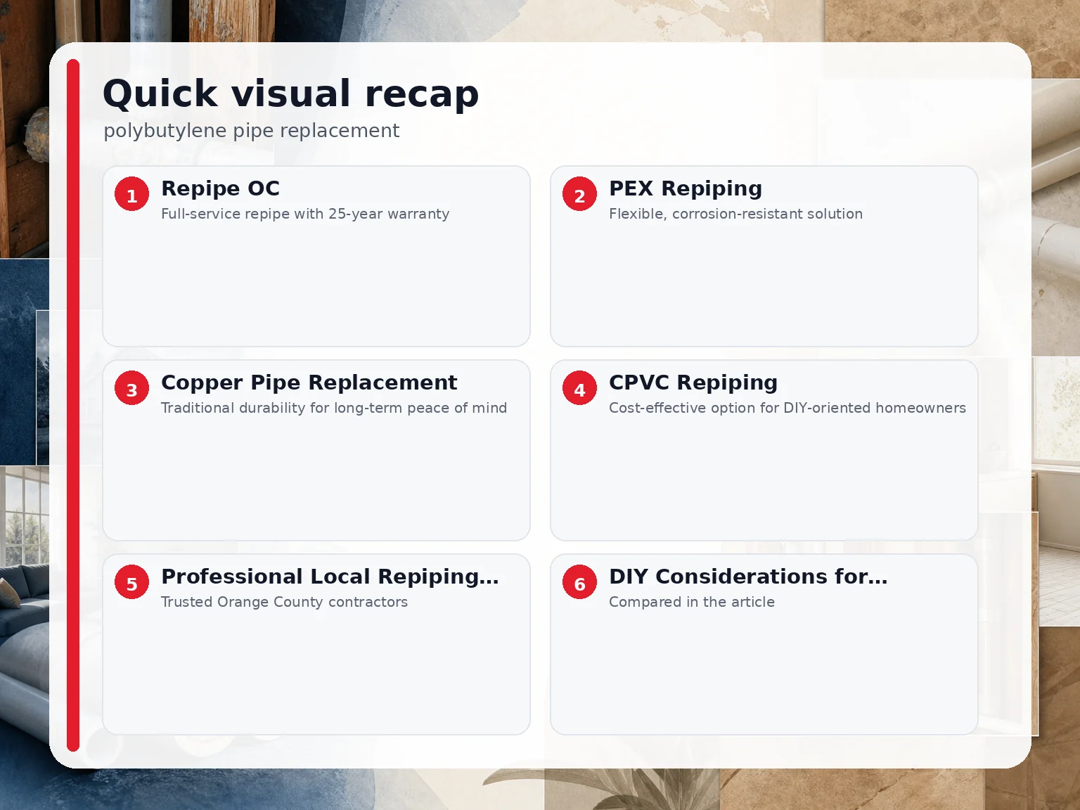 Visual summary of the options compared for polybutylene pipe replacement
