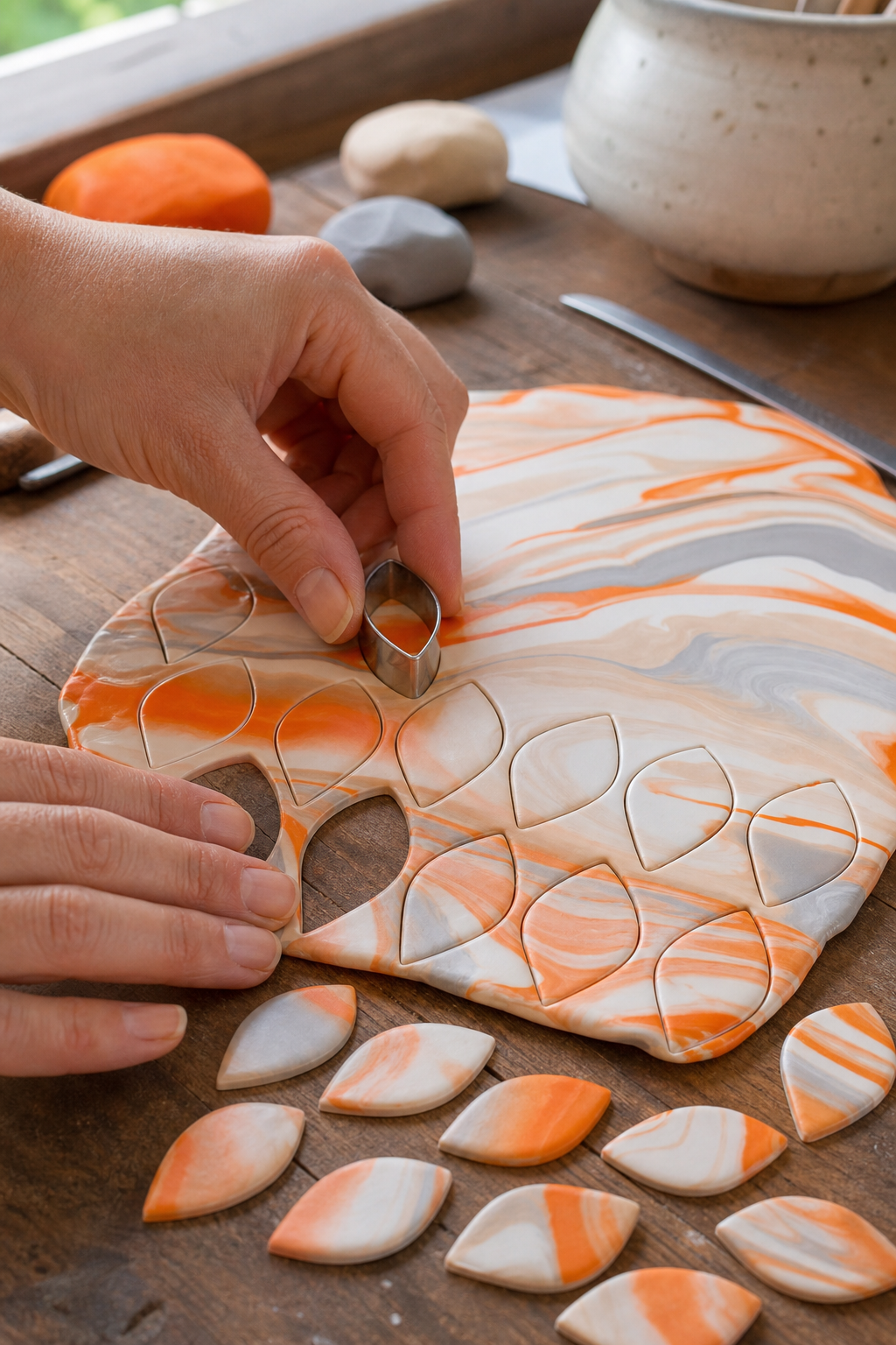A close‑up of a hand‑rolled polymer clay slab being sliced into petal shapes with a small cutter, natural daylight on a wooden table, alt=