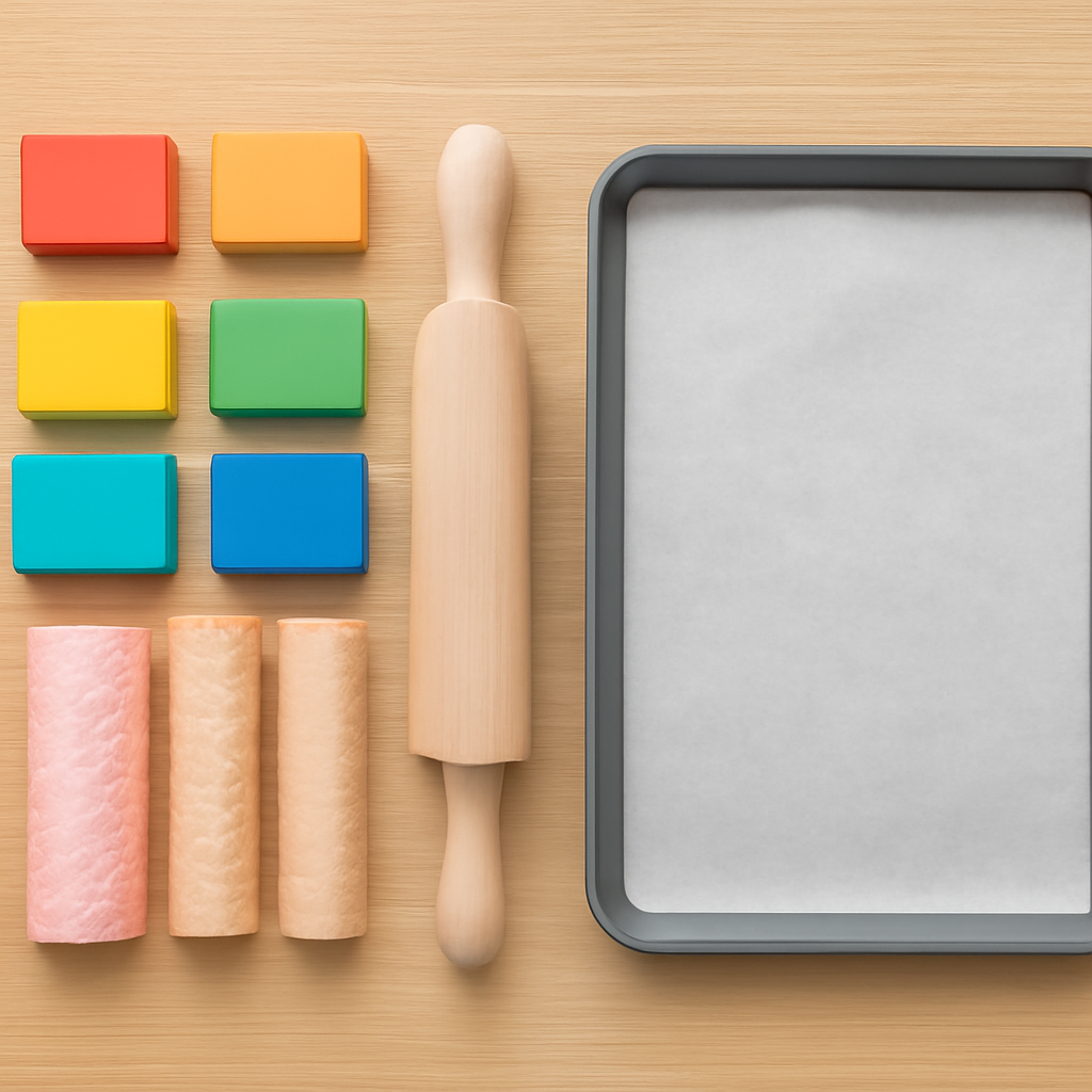A bright, organized crafting workspace with polymer clay blocks, a rolling pin, texture rollers, and a parchment‑lined baking sheet. Alt: polymer clay tutorial materials laid out on a table.