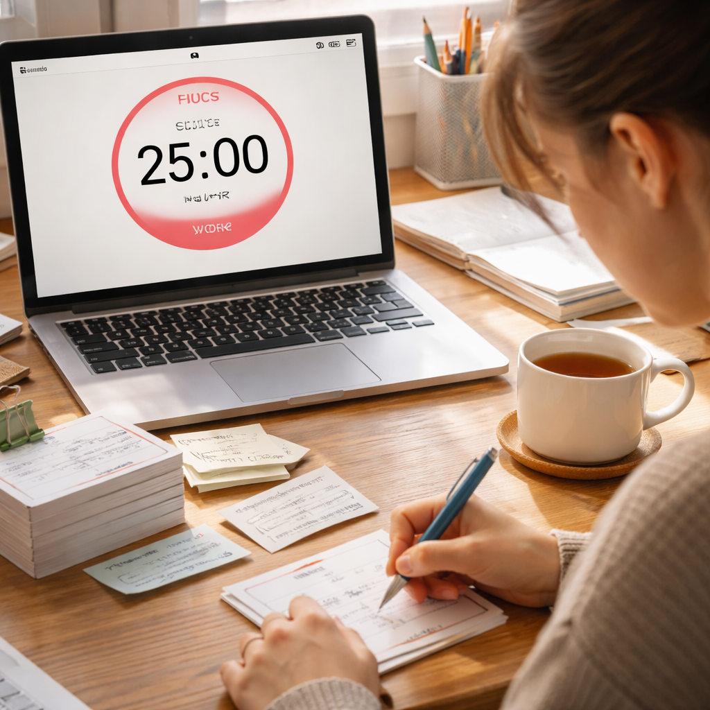 A photorealistic scene of a student’s desk with a visible digital pomodoro timer on a laptop screen, a stack of flashcards, a cup of tea, and a focused expression on the student’s face, representing the pomodoro and spaced repetition study plan. Alt: Student using pomodoro timer and spaced repetition tools.