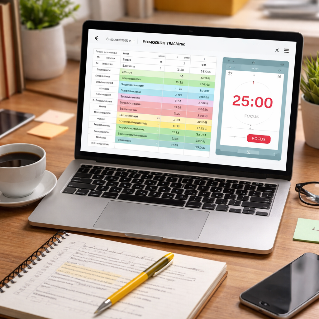 A photorealistic scene of a modern home office desk with a laptop displaying a simple spreadsheet log of Pomodoro tags, colored rows, and a timer app open, a cup of coffee, and a notebook, capturing the moment of a student reviewing progress as part of a pomodoro and spaced repetition study plan. Alt: Pomodoro and spaced repetition study plan tracking dashboard