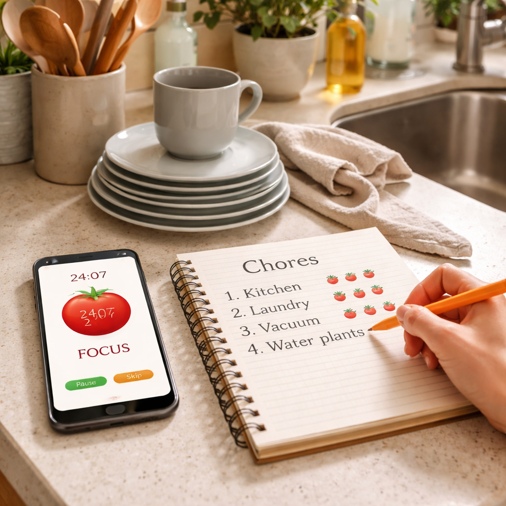 A photorealistic scene of a kitchen counter with a notebook, a phone displaying a Pomodoro timer app, and a tidy stack of dishes, illustrating someone tracking pomodoro for household chores batching. Alt: Tracking progress while batching household chores with Pomodoro technique in a realistic home setting.