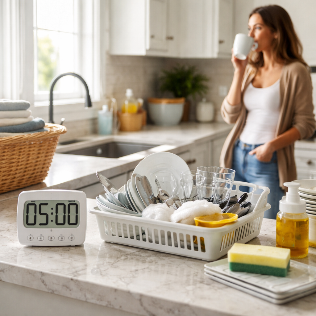 A photorealistic scene of a modern home kitchen with a visible timer on the counter, a stack of dishes being washed, a basket of folded laundry nearby, and a relaxed person sipping coffee during a 5‑minute break. Alt: pomodoro for household chores batching benefits visualized in a realistic home setting.