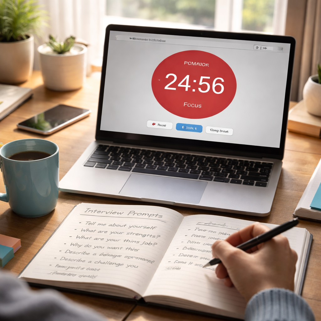 A photorealistic scene of a student at a desk with a laptop open to a Pomodoro timer app, a notebook with interview prompts, and a coffee mug, bright natural light, Realism style, aimed at students, remote workers, and freelancers preparing for mock interviews. Alt: Pomodoro timer setup for mock interview practice.