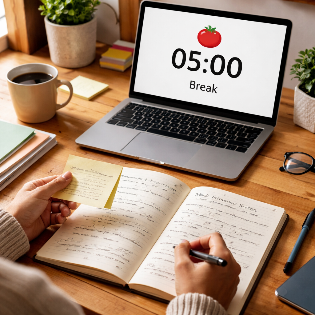 A photorealistic scene of a person at a desk reviewing notes on a laptop during a Pomodoro break, with a timer displayed and a notebook open, showing focus and reflection. Alt: Pomodoro break reflection for mock interview practice.