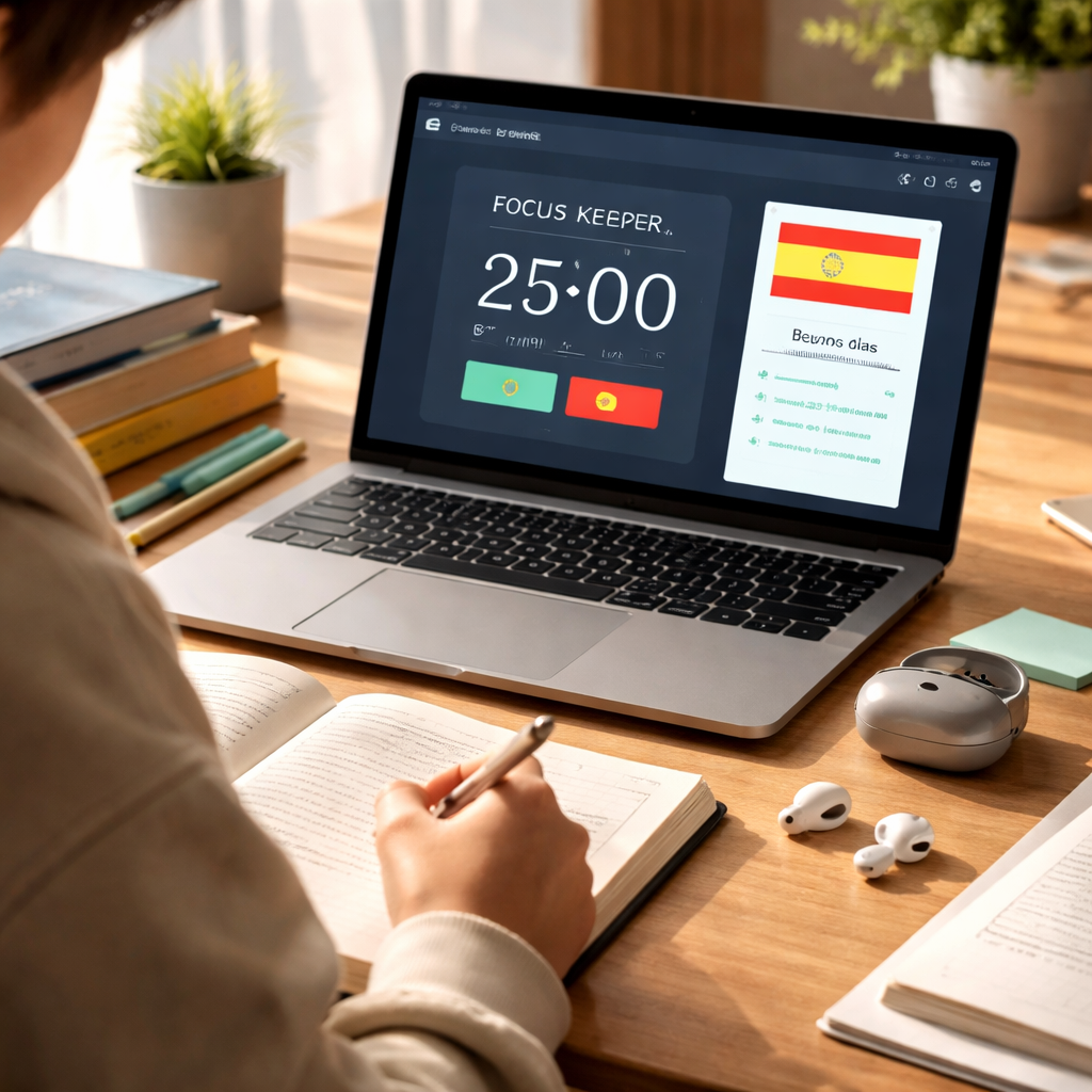 A photorealistic scene of a student sitting at a desk with a laptop open to a language learning app, a Focus Keeper timer displayed on the screen, and a pair of sleek earbuds beside a notebook. Natural lighting highlights a calm, focused atmosphere. Alt: Pomodoro timer set for language practice with earbuds and study materials.