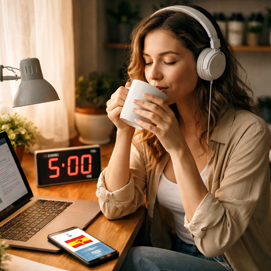 A photorealistic scene of a learner on a short break, listening to a language podcast on headphones while sipping coffee, with a timer displaying 5:00, realistic lighting, focused on immersive exposure. Alt: learner using a pomodoro break for immersive language exposure in a realistic setting.