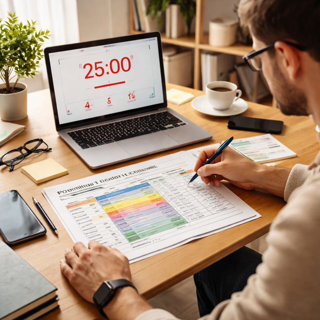A photorealistic scene of a freelancer at a tidy home office, laptop open with a pomodoro timer app visible, a printed table of pomodoro metrics on the desk, soft natural light highlighting focused work. Alt: Detailed view of a pomodoro schedule for freelancers being reviewed and optimized.