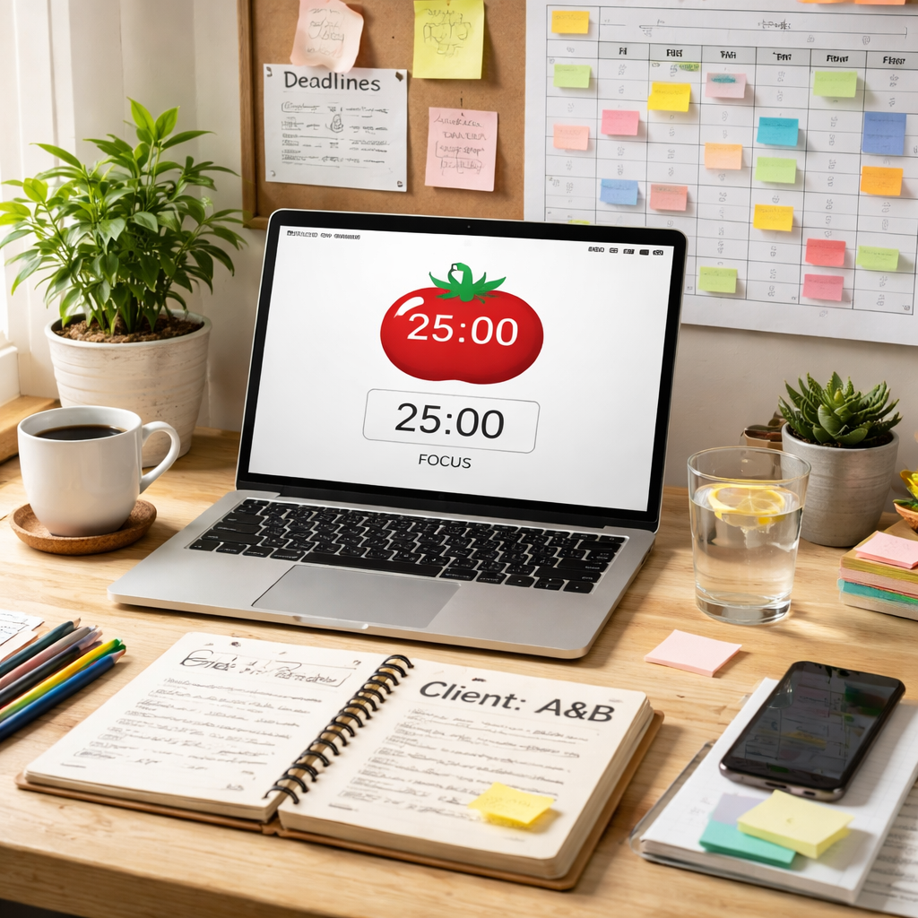 A photorealistic desk scene in a bright home office, with a laptop showing a pomodoro timer, a color-coded calendar, and a notebook labeled with client initials. Alt: Freelancer desk with pomodoro planning elements.