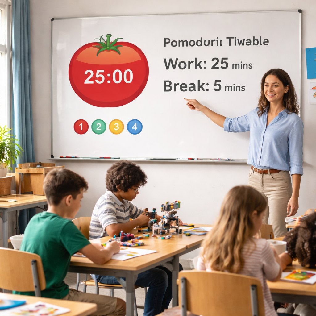 A photorealistic classroom scene showing a teacher pointing to a whiteboard with a Pomodoro timer graphic overlay, students engaged in a hands‑on activity, natural lighting, realistic style. Alt: Teacher using Pomodoro schedule in classroom to manage tasks and timing.