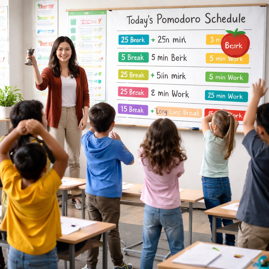 A photorealistic classroom scene showing a teacher ringing a timer, students standing for a quick stretch break, and a visible Pomodoro schedule on the whiteboard. Alt: pomodoro schedule for teachers classroom integrating breaks and management.