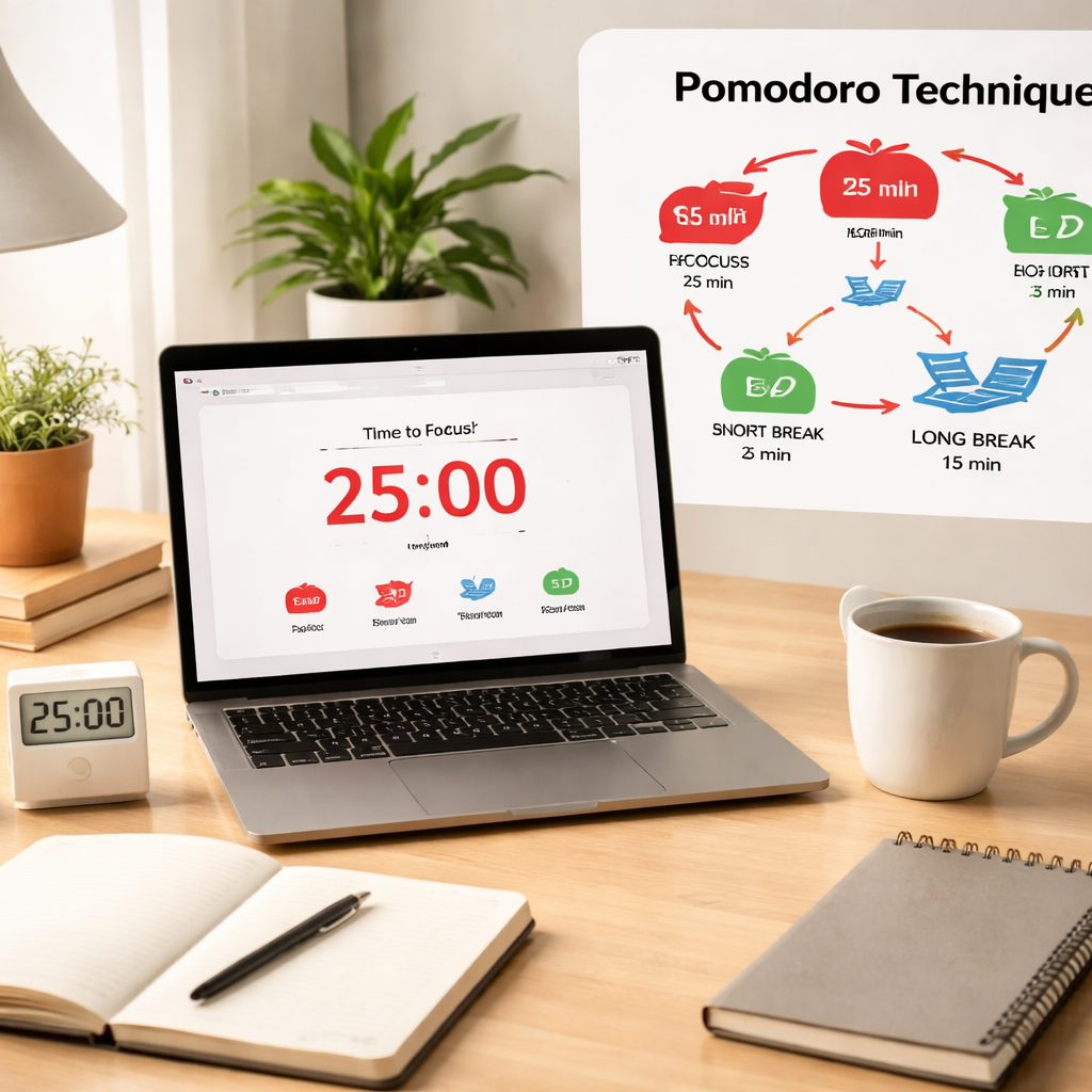 A clean desk with a timer, a notebook, and a coffee mug, showing a Pomodoro timer app on a laptop screen. Alt: Pomodoro technique cycle illustration.