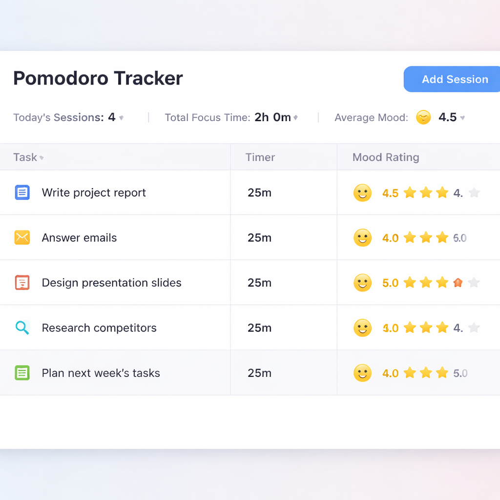 A clean digital dashboard showing Pomodoro logs with columns for task, timer, and mood rating. Alt: Pomodoro tracking and analysis dashboard.
