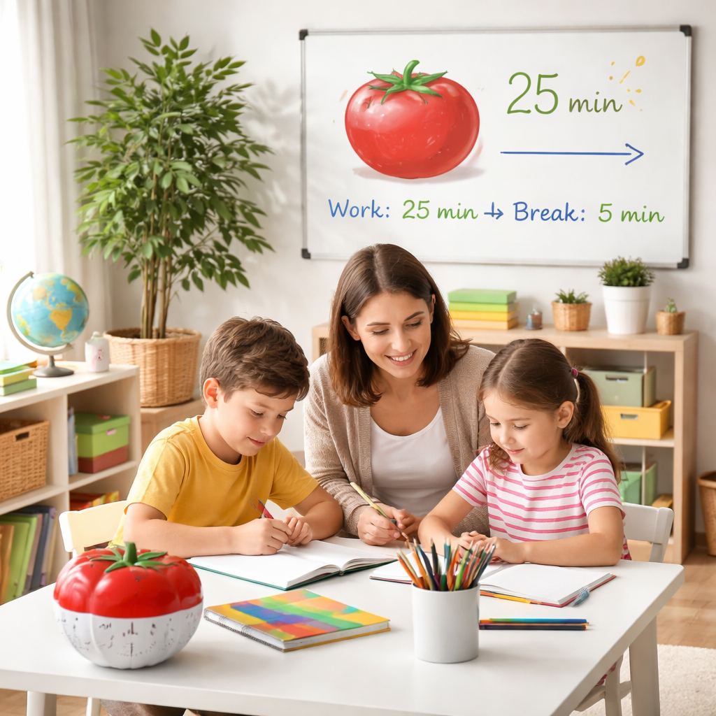 A photorealistic scene of a bright, tidy homeschool corner with a small table, a timer, a whiteboard with a tomato icon, and a plant, showing a family using the pomodoro technique for homeschool parents. Alt: Dedicated learning space for pomodoro technique in homeschooling.