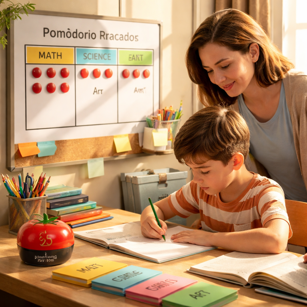A photorealistic homeschool desk setup showing a Focus Keeper timer, a whiteboard pomodoro tracker, color-coded subject cards, a child writing, a parent observing with a smile, and warm sunlight streaming through a window.