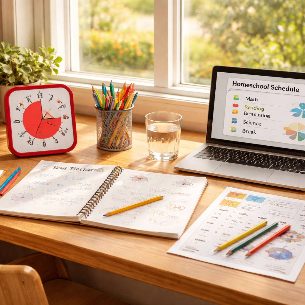 A photorealistic Realism image showing a bright homeschooling desk setup: a timer, notebook, worksheets, and a laptop on a sturdy wooden desk by a sunlit window; a cup of water and a pencil holder complete the scene. Alt: Realistic homeschooling pomodoro study space with timer and learning materials.