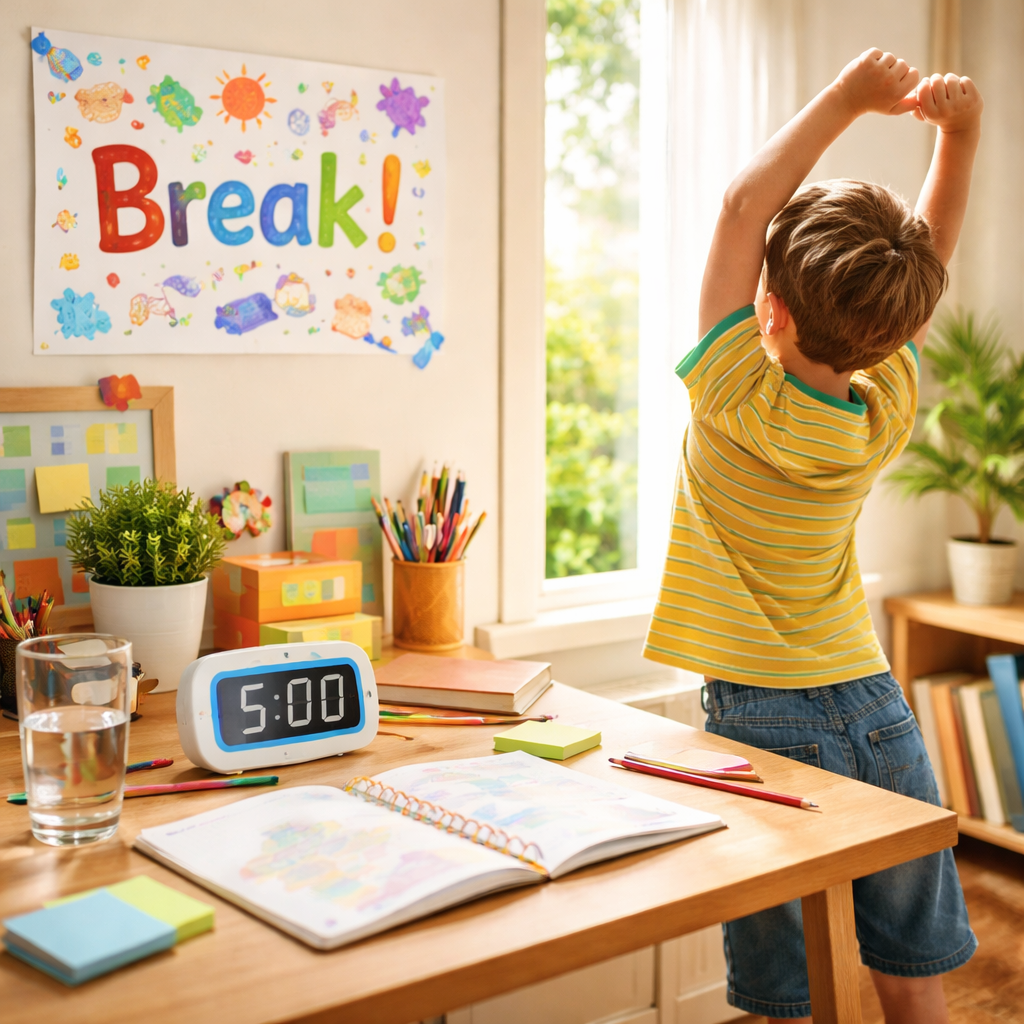 A photorealistic scene of a bright homeschool study nook during a pomodoro break, showing a child standing to stretch, a glass of water on the desk, a small timer displaying 5:00, and a colorful “Break!” sign on the wall. Alt: Homeschool break activities for pomodoro technique.
