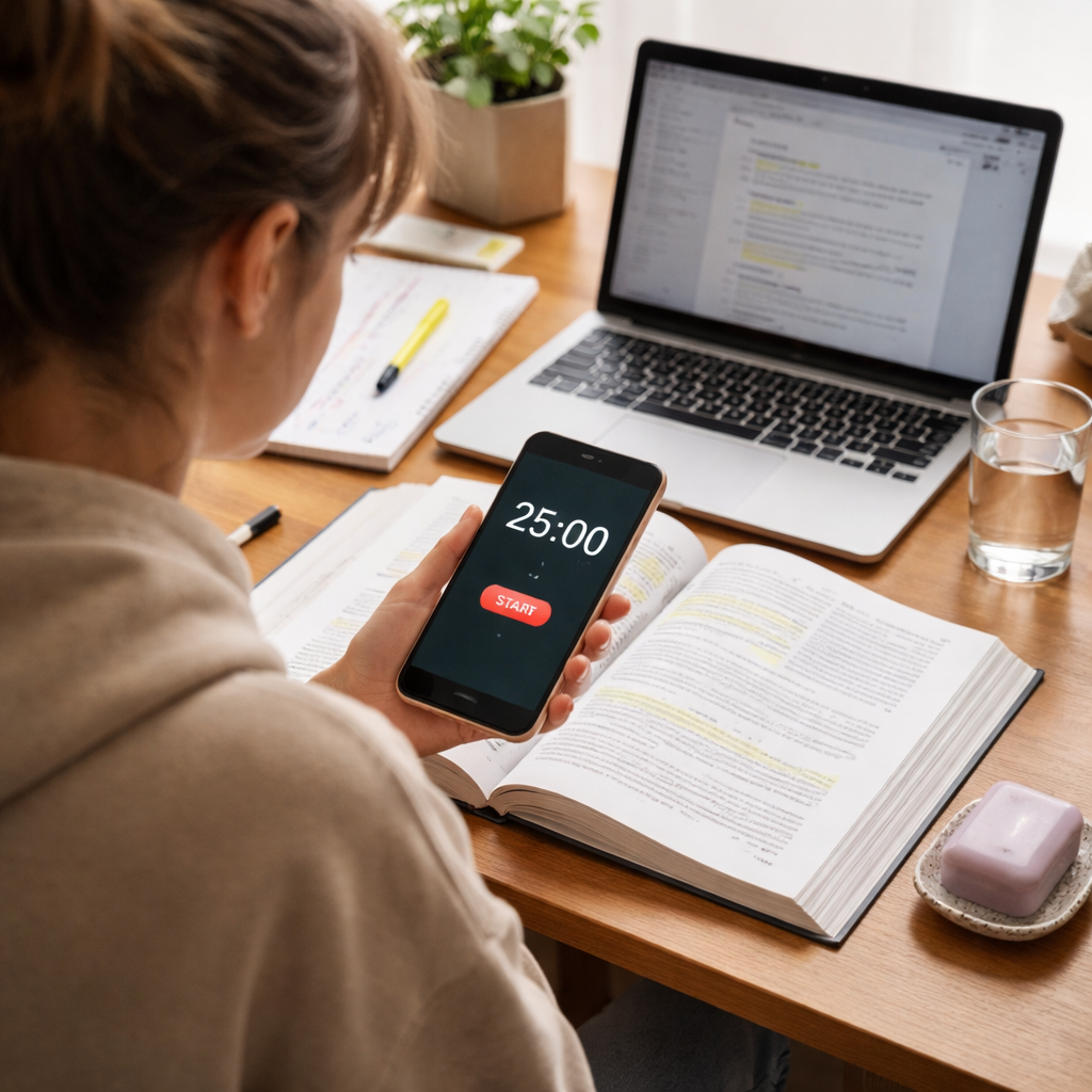 A photorealistic scene of a college student sitting at a desk, phone timer displaying 25:00, open textbook, a cup of water, and a lavender soap bar beside the laptop. Alt: pomodoro technique for students setting up timer and study space in realistic style.