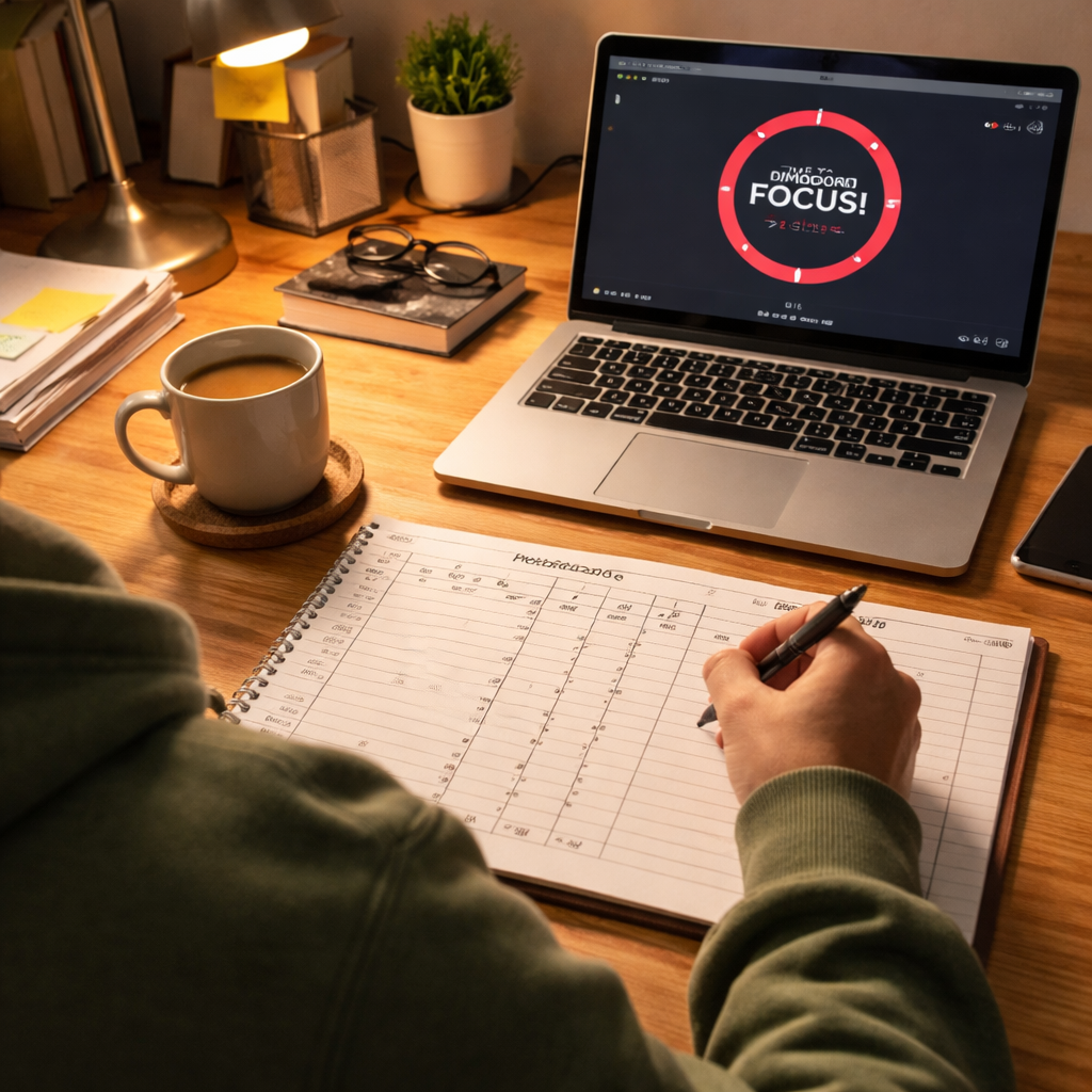 A photorealistic scene of a college student sitting at a desk, laptop open with a Pomodoro timer, notebook with a simple three‑column log (Task, Focus Rating, Interruption), and a cup of coffee. The room is softly lit, showing a calm study environment. Alt: Student tracking pomodoro progress with a paper log and digital app.