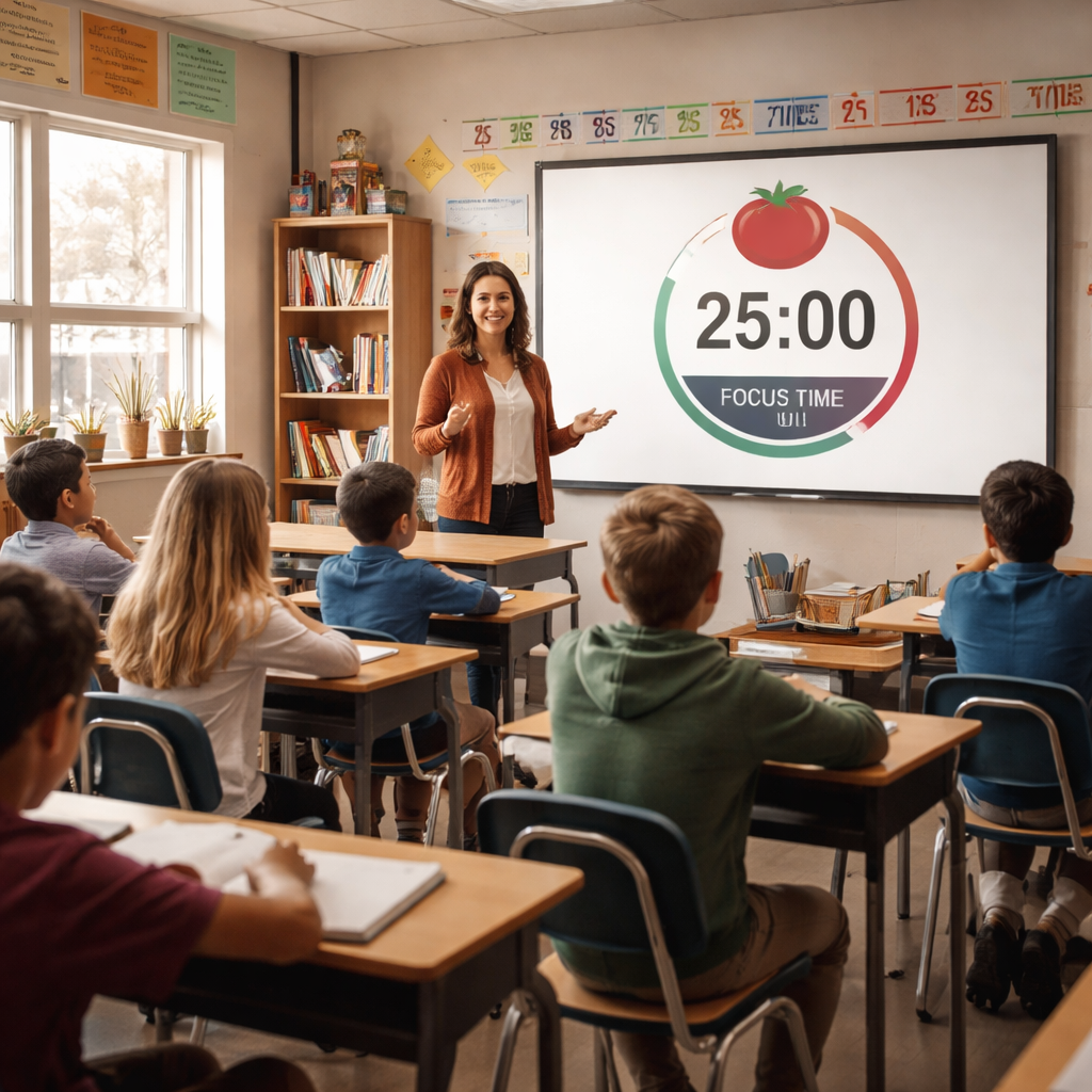 A photorealistic classroom scene showing a teacher guiding a pomodoro timer in a 25-minute focused block; students at desks, timer on the front board; warm, natural lighting; realistic setting in a US middle school. Alt: Pomodoro technique in a classroom with timer and engaged students.