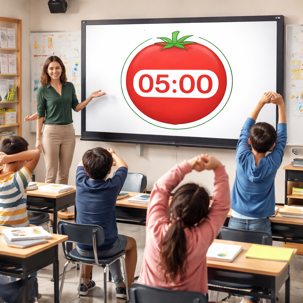 A photorealistic classroom scene showing a teacher projecting a large digital Pomodoro countdown on a smartboard while students stretch during a five‑minute break. Alt: Teacher using Pomodoro timer in classroom, students engaged during break.