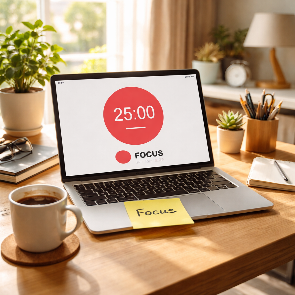A photorealistic depiction of a tidy desk with a laptop showing a Pomodoro timer app at 25:00, a sticky note reading 'Focus', a steaming cup of coffee, and sunlight streaming through a window, depicting a remote worker or student in a modern home office. Alt: Pomodoro timer for ADHD adults in a focused work setup.
