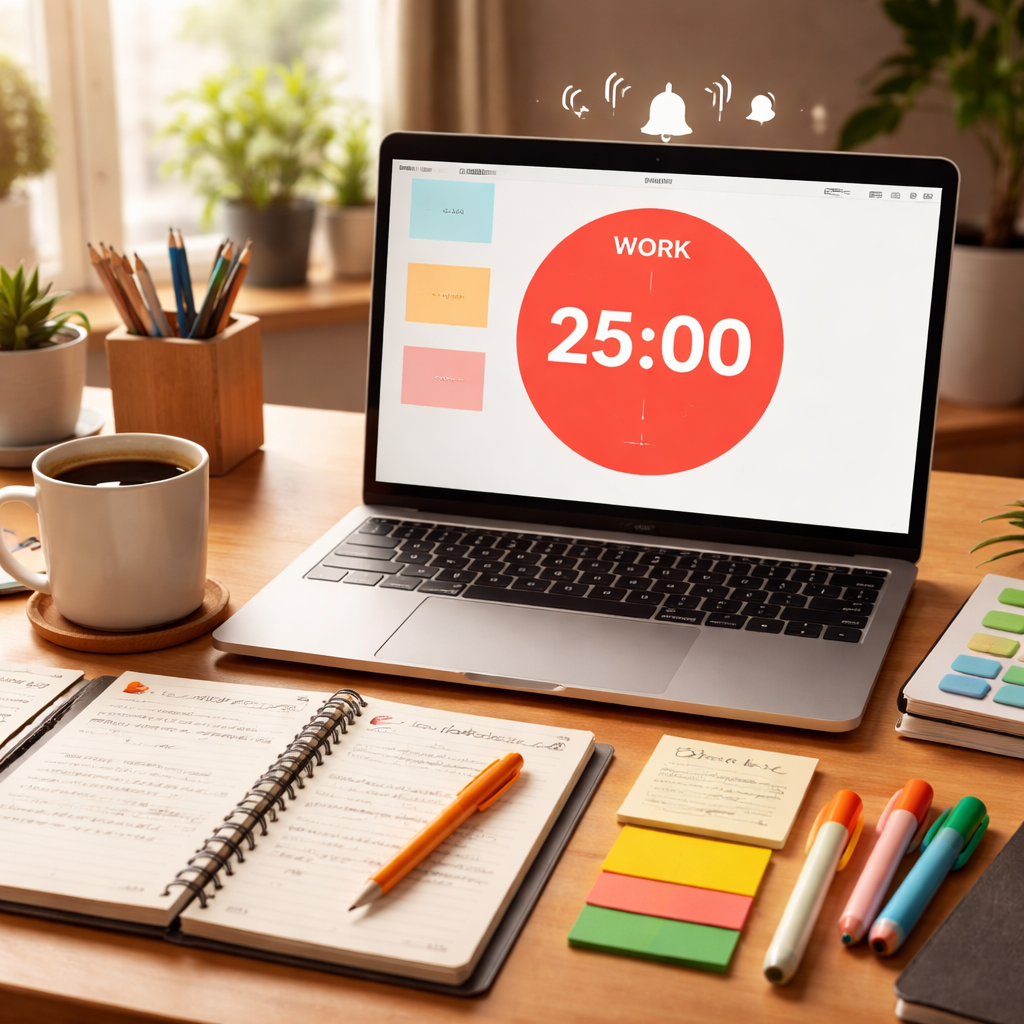 A photorealistic desk setup with a laptop showing a large Pomodoro timer, color blocks, a notebook, and a mug of coffee in a quiet study space. Alt: Realistic desktop scene demonstrating visual cues and sound alerts on a pomodoro timer for ADHD adults.