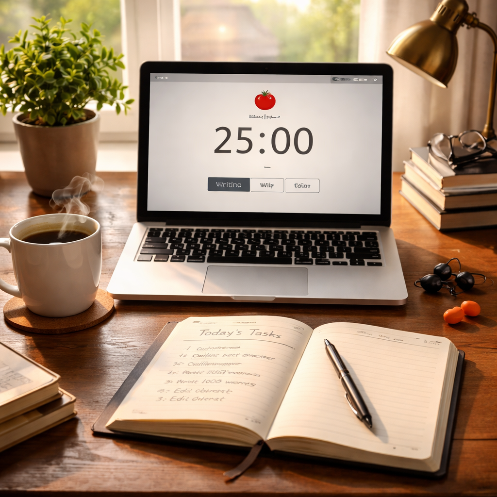 A photorealistic scene of a writer’s desk bathed in natural light, showing an open laptop with a pomodoro timer app on screen, a notebook with a task list, a steaming cup of coffee, and a pair of earplugs beside the keyboard. Alt: pomodoro timer for book writing workspace setup in realism style.