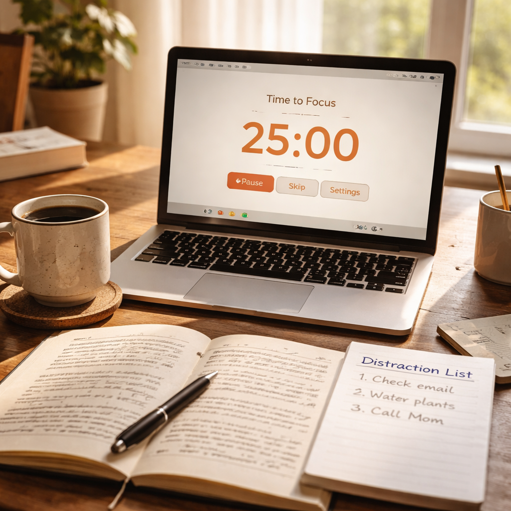 A photorealistic scene of a writer’s desk with a pomodoro timer on a laptop screen, a handwritten note titled “Distraction List” beside a coffee mug, soft natural light filtering through a window, showing a focused atmosphere for book writing. Alt: realistic image of pomodoro timer for book writing with distraction management.