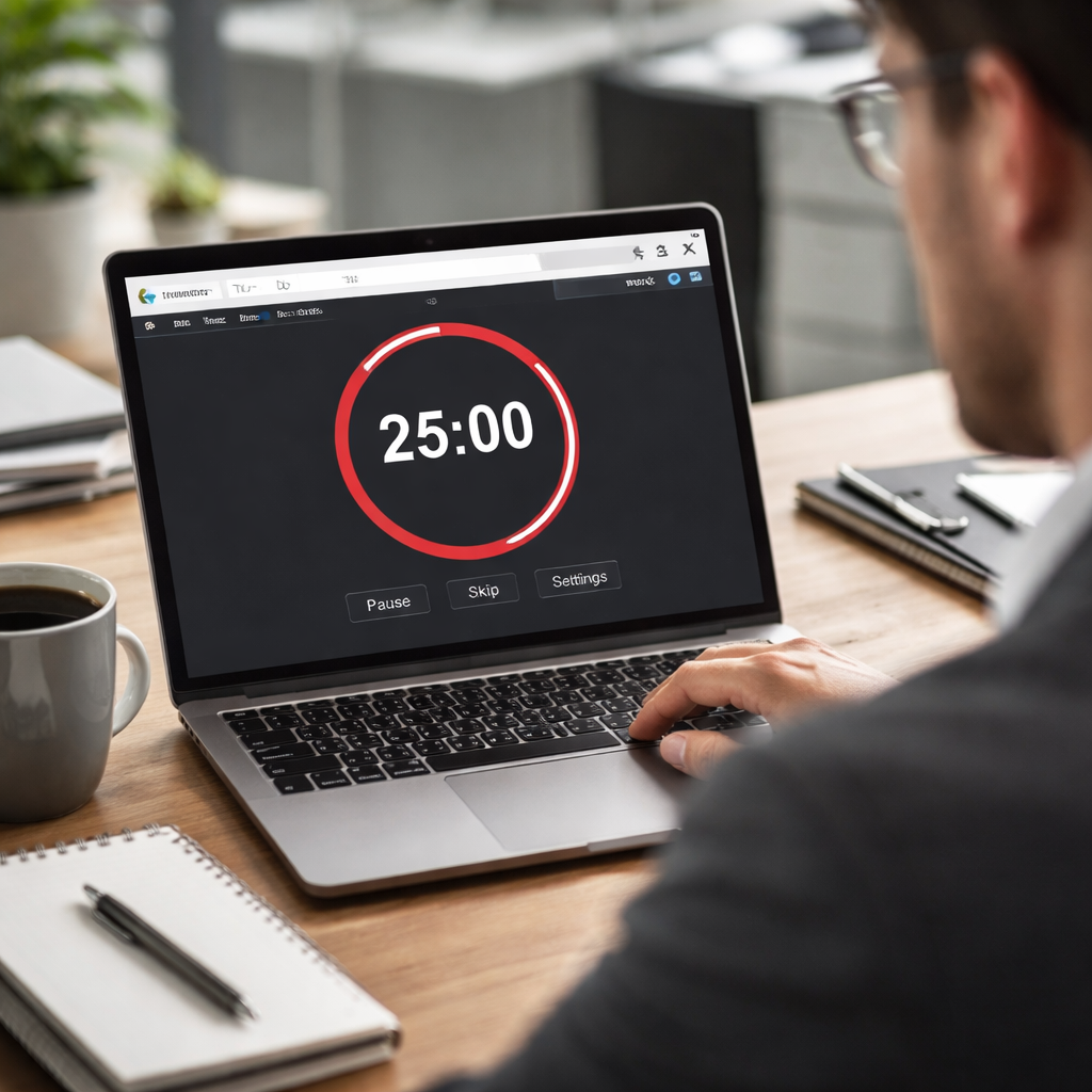 A photorealistic office scene showing a busy professional glancing at a sleek browser pomodoro timer on a laptop screen, with a coffee mug and a notebook beside it. Alt: pomodoro timer for busy professionals using a browser extension.