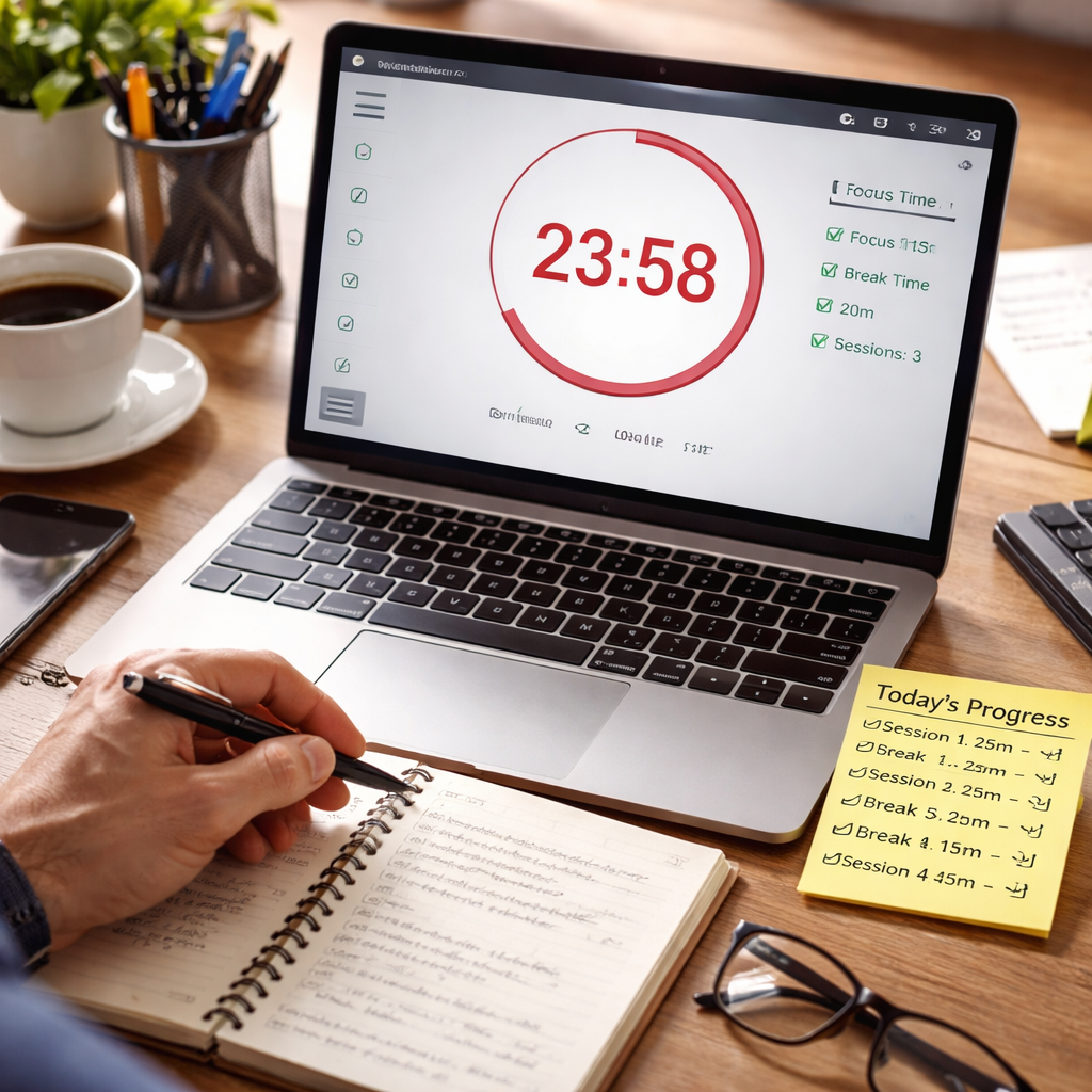 A photorealistic scene of a busy professional at a laptop, timer visible on screen, notebook with quick notes beside it, showing a clear progress table on a sticky note. Alt: Pomodoro timer for busy professionals tracking progress and optimizing sessions.