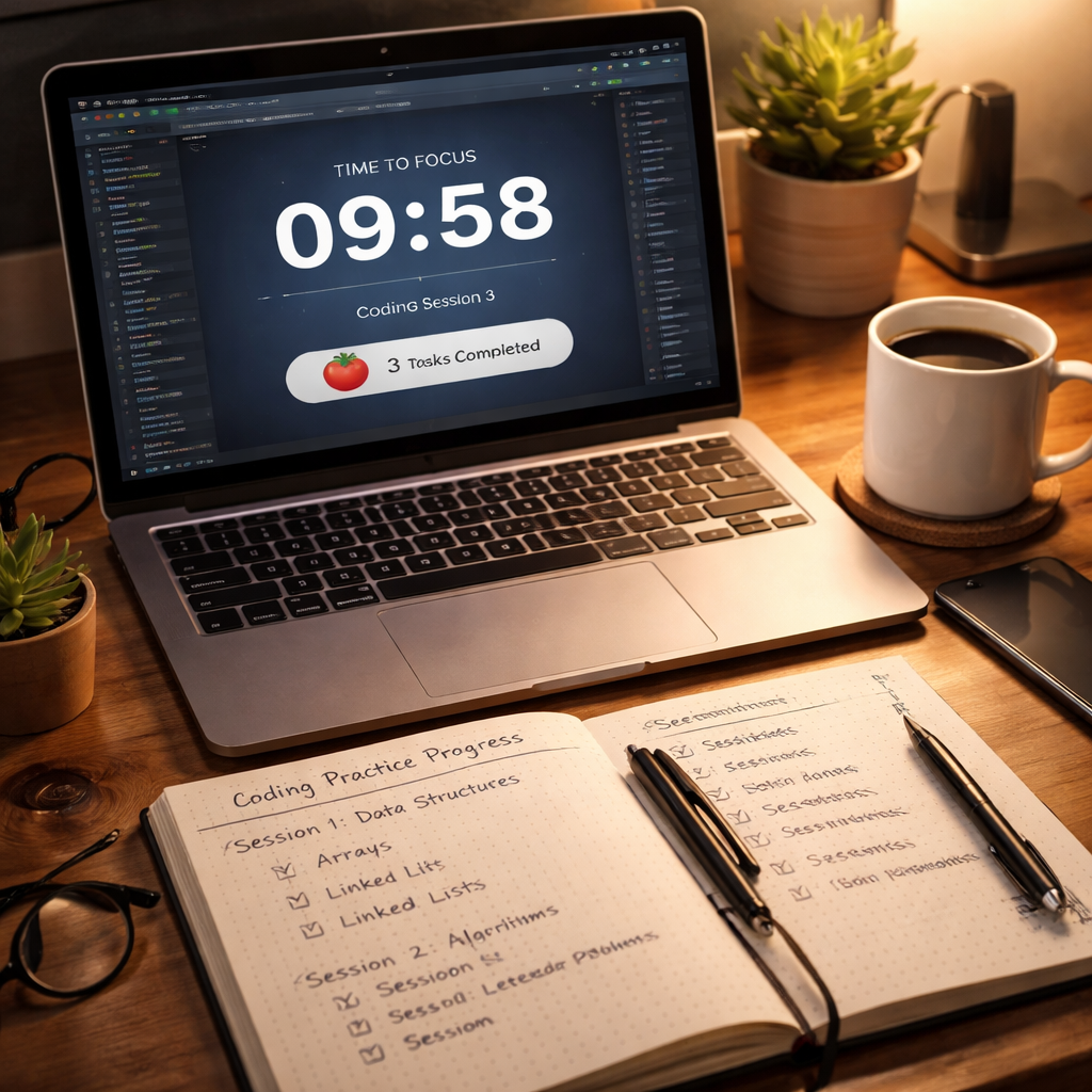 A photorealistic scene of a developer’s desk with a laptop showing a pomodoro timer, a handwritten progress log beside it, and a coffee mug. Alt: pomodoro timer for coding practice progress tracking in realistic style.