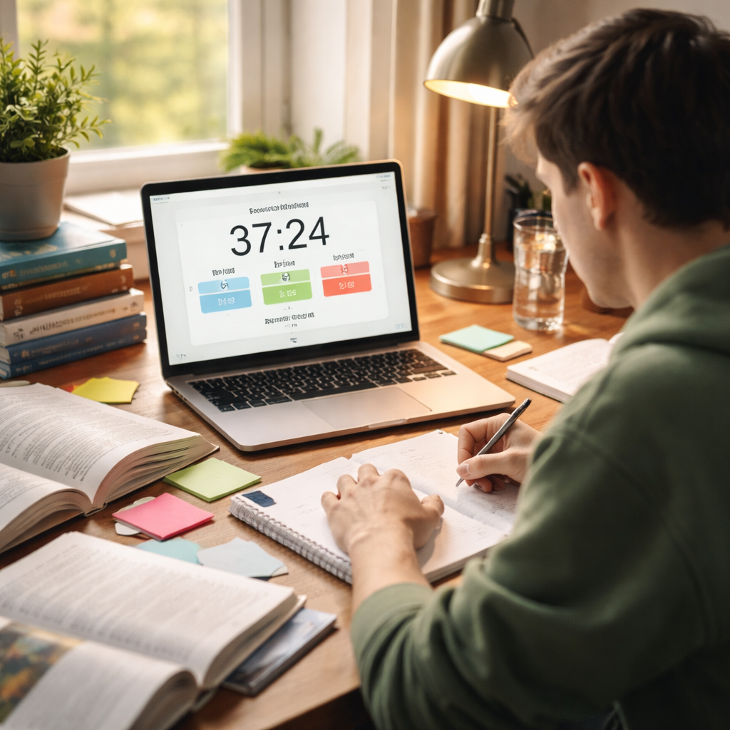 A photorealistic scene of a college student at a desk, timer on a laptop screen showing a customized pomodoro interval, textbooks and flashcards spread out, soft daylight streaming in, realistic style. Alt: College student using a pomodoro timer with customized session lengths for study tasks.