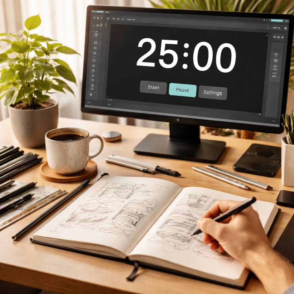 A photorealistic scene of a designer’s desk with a sleek digital pomodoro timer display on the monitor, a sketchbook open, and a cup of coffee beside a plant. Alt: Designer using pomodoro timer for designers in a realistic workspace.