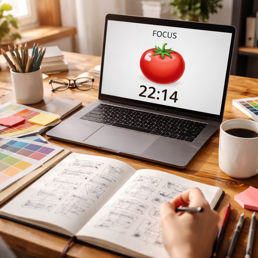 A photorealistic scene of a designer’s desk with a laptop showing a pomodoro timer, sketchbooks, colour swatches, and a coffee mug. Alt: designer using a pomodoro timer for designers to stay focused.