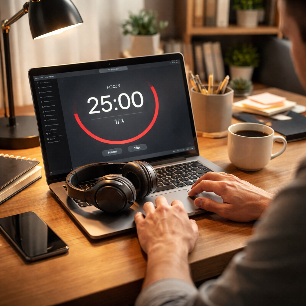 A photorealistic scene of a modern home office desk with a laptop displaying a Pomodoro timer, headphones resting on the keyboard, and a focused developer typing code. Alt: Pomodoro timer for distraction‑free coding sprints in a realistic workspace.