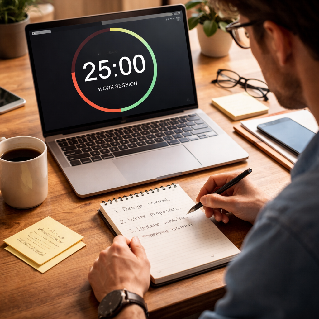 A photorealistic scene of a freelancer at a desk with a laptop, a Pomodoro timer on screen, and a notebook showing logged pomodoros. Alt: Freelancer using a pomodoro timer for focused work sessions.