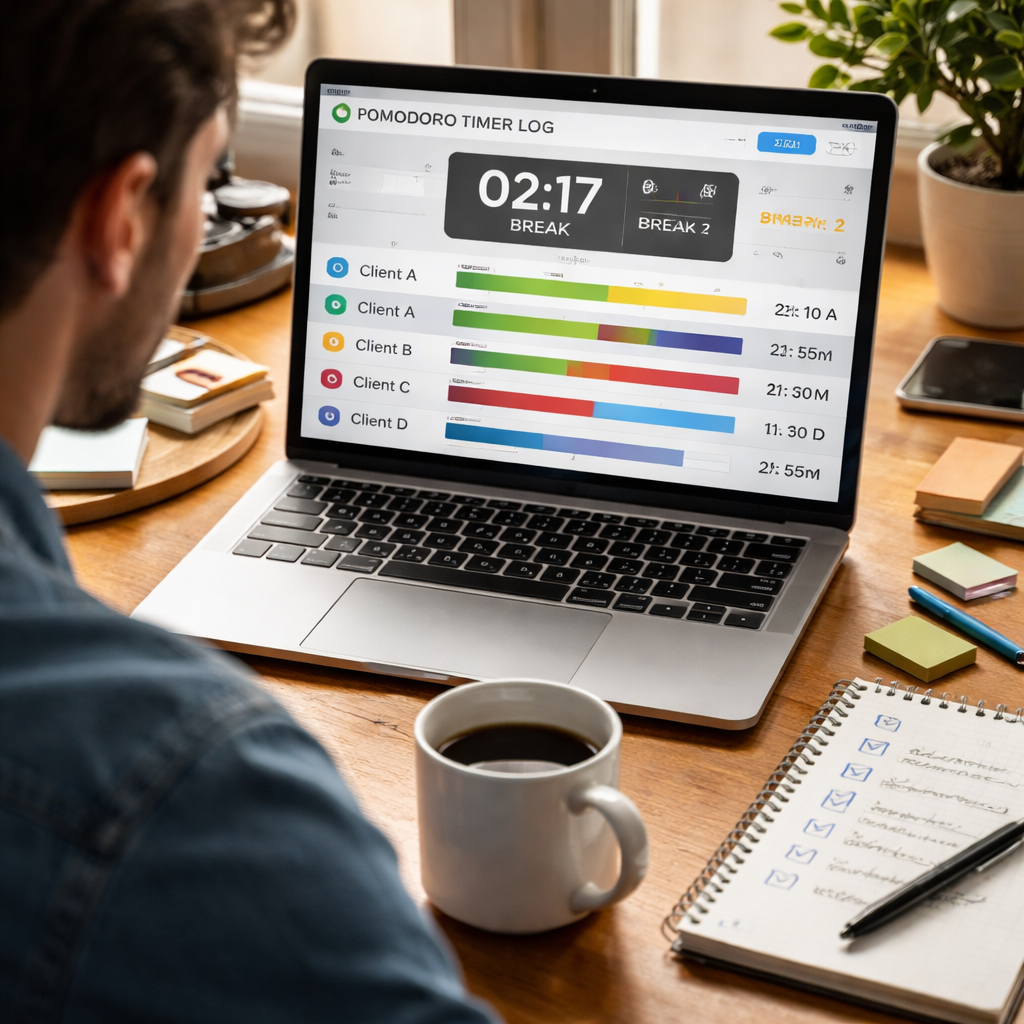 A photorealistic scene of a freelancer at a desk with a laptop open, a pomodoro timer app visible on the screen, a notebook with labeled pomodoros, natural daylight streaming in, realistic style. Alt: freelancer using a pomodoro timer for freelancers.