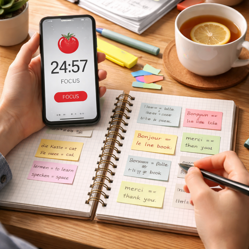 A photorealistic scene of a student at a desk with a smartphone displaying a Pomodoro timer app, a notebook of foreign‑language flashcards, and a cup of tea. Alt: Pomodoro timer for language learning setup in realistic style.