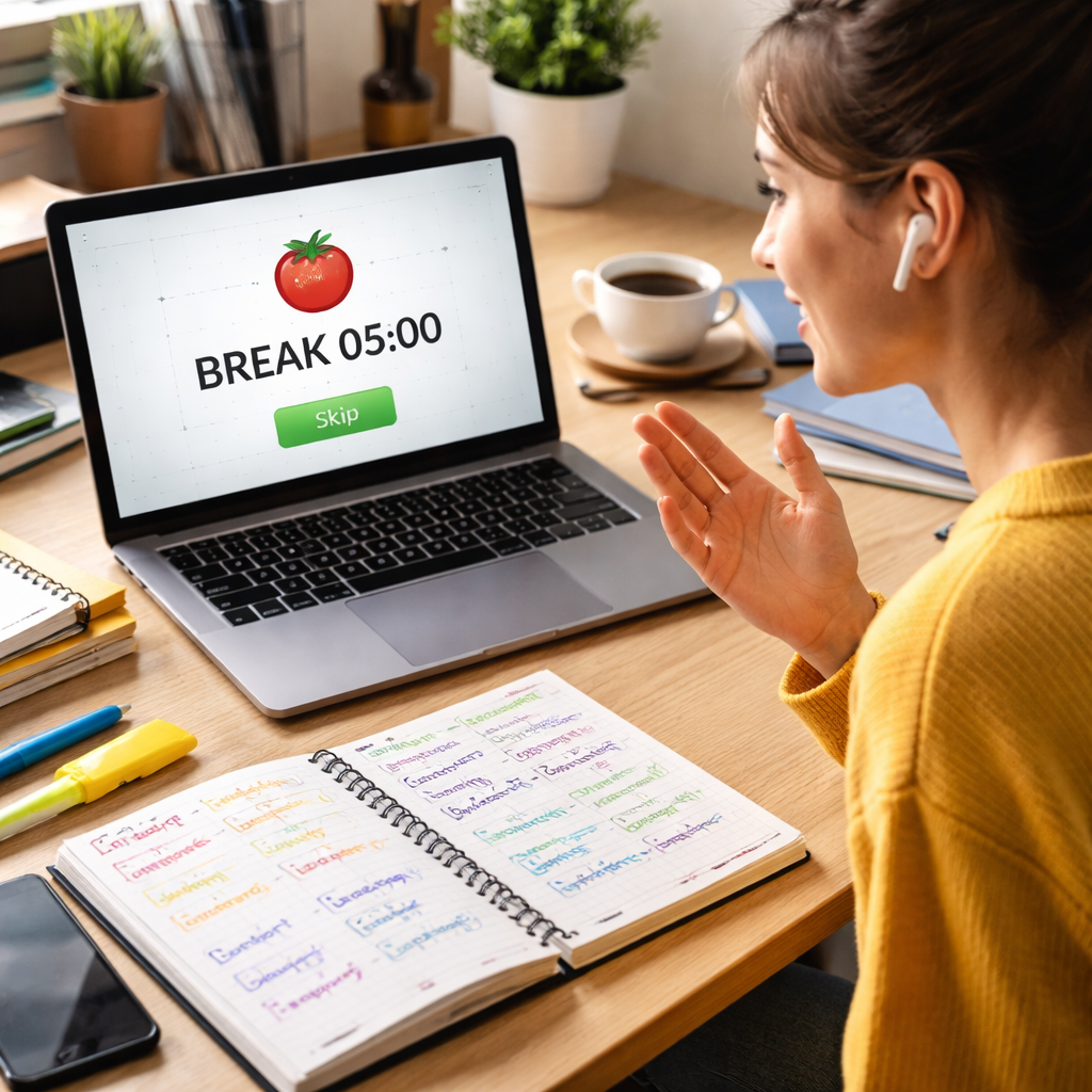 A photorealistic scene of a student at a desk using a pomodoro timer app on a laptop, speaking aloud in a foreign language during a short break, with a notebook of flashcards nearby. Alt: Student staying motivated with a pomodoro timer for language learning.