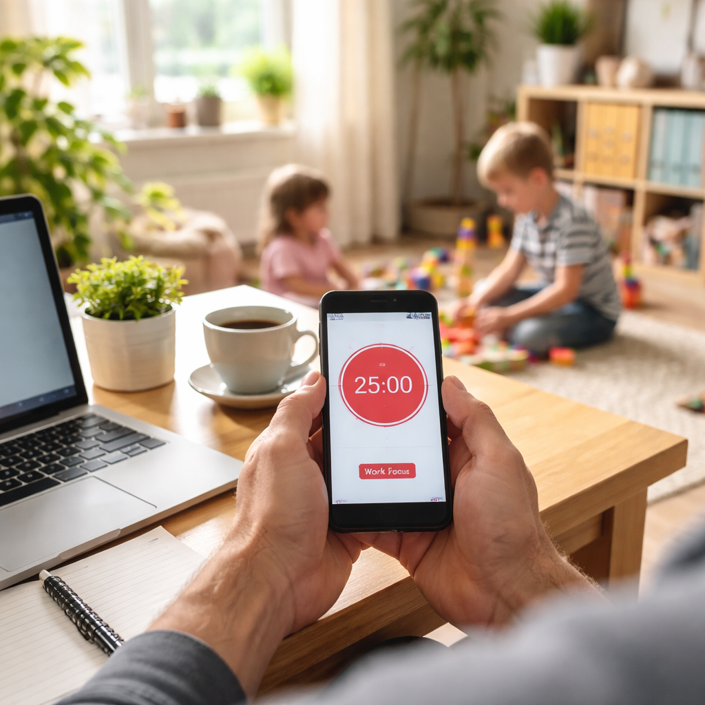 A photorealistic scene of a parent in a home office, hands on a smartphone showing a Pomodoro timer app, children playing nearby, natural light from a window, realistic style. Alt: Parent using Pomodoro timer at home office.