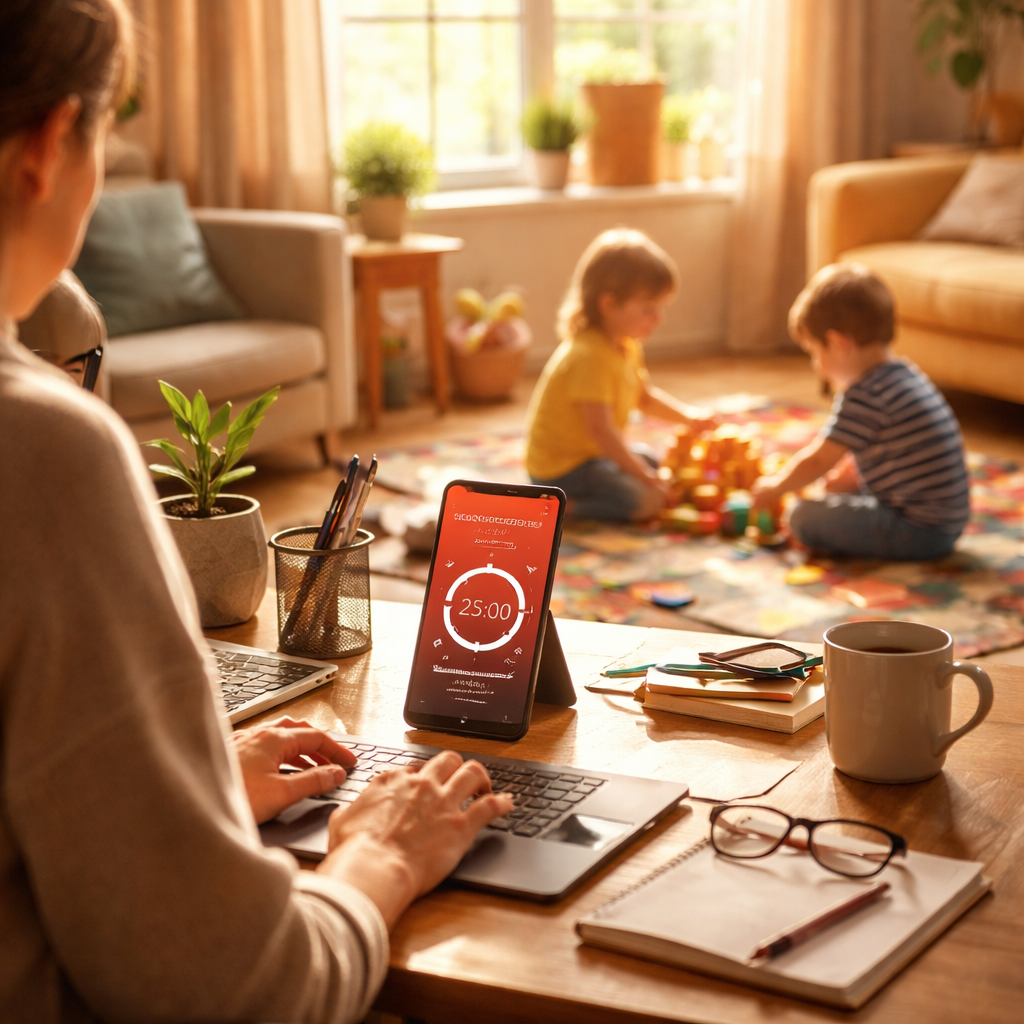 A photorealistic scene of a parent at a home desk with a Pomodoro timer on a phone, kids playing nearby, warm natural light. Alt: pomodoro timer for parents working from home designing intervals around kids' routines
