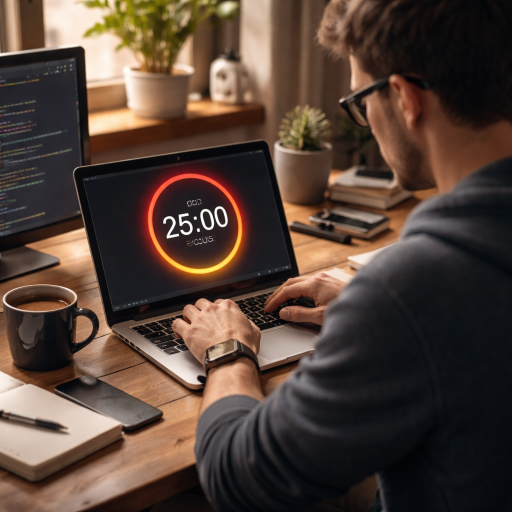 A photorealistic scene of a programmer at a desk, laptop open, a Pomodoro timer glowing on screen, coffee mug nearby, natural lighting, realistic style, appealing to remote workers and freelancers. Alt: programmer using pomodoro timer for focused coding